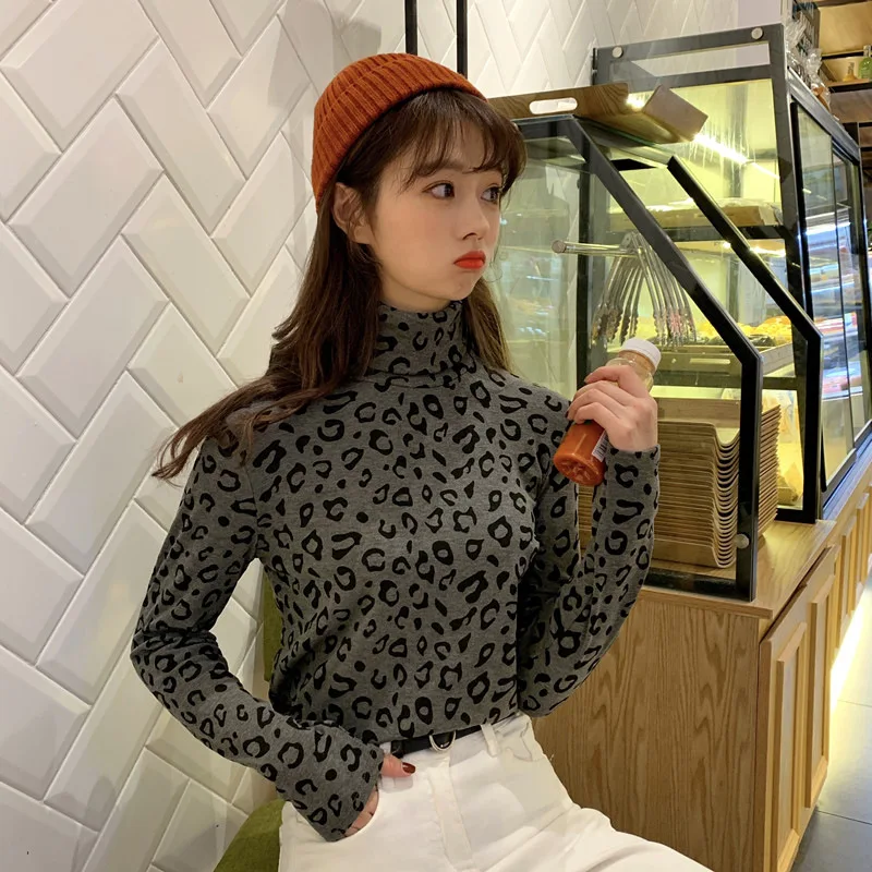 

spring 2021 new foreign leopard print slim long-sleeved high-necked shirt tops women's T-shirts womens sexy tops