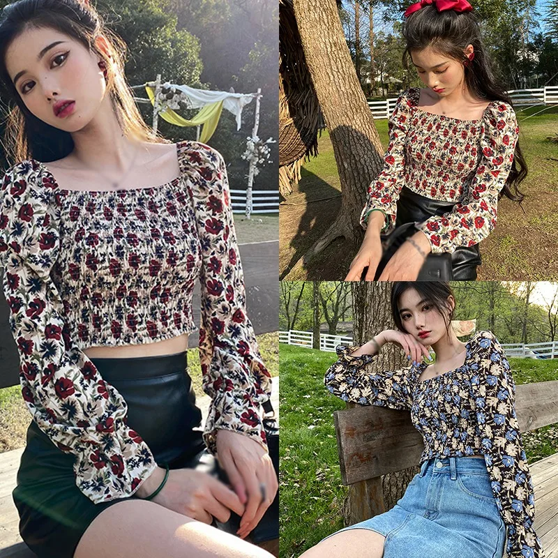 

Women's Floral Print Square Collar Puff Sleeve Chiffon Shirt Sexy Sweet Long Sleeves Short Blouse 2020 Women Clothes