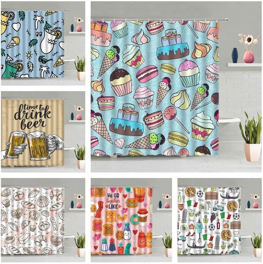 

Занавеска для душа с изображением мороженого, торта, Листьев, хлеба, пива, пончиков, гамбургеров, бананов, фруктов, пиццы, еды, ванной комнаты,...