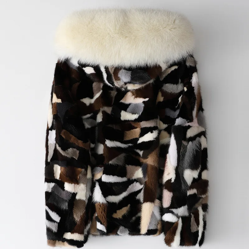 Fox Fur Collar Hooded Mink Coat Autumn Winter New Multicolour Women Mink Fur Grass Jacket Printed  Zipper Splicing Soft Outwear