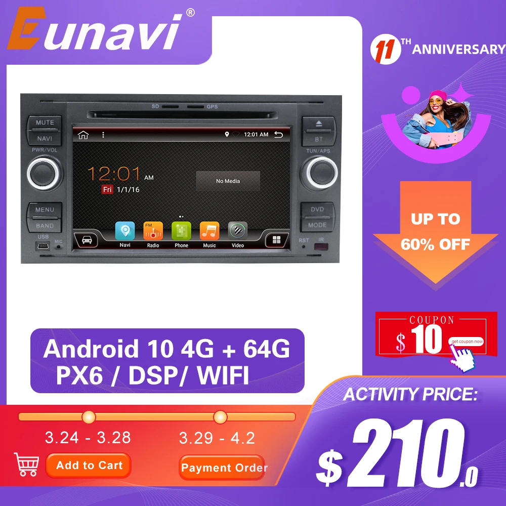 

Eunavi 2 Din Android Car Radio DVD Player For Ford Mondeo S-Max Focus C-MAX Galaxy Fiesta Transit Fusion Multimedia Headunit DSP