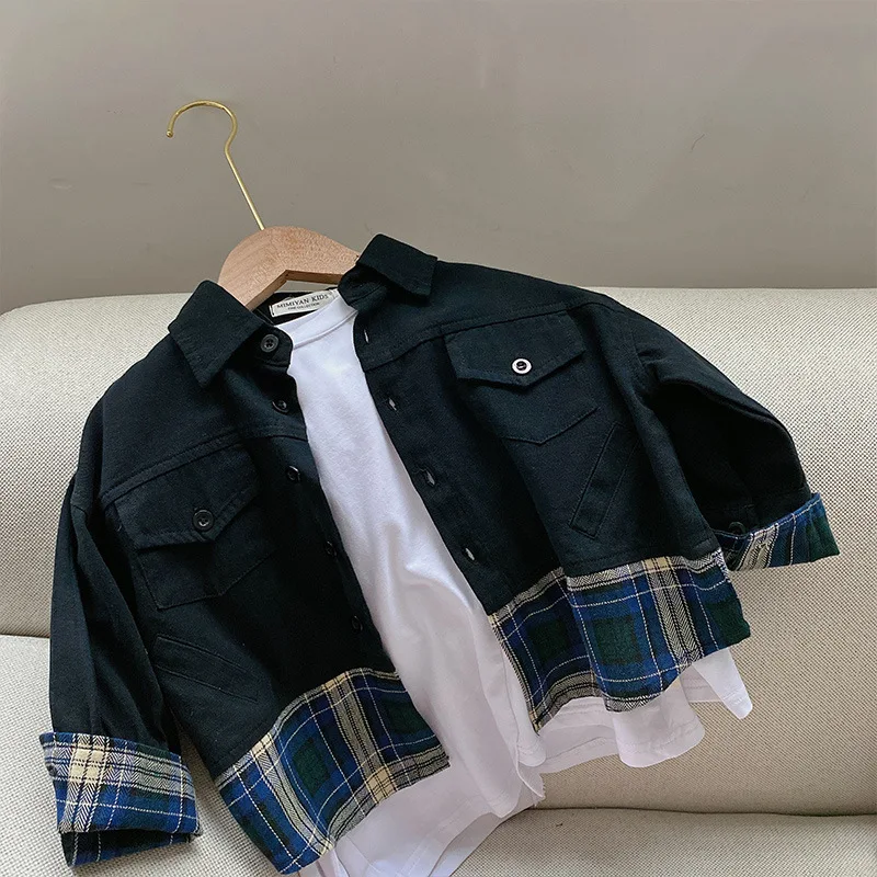 

Kids Jackets 2021 New Autumn Baby Boy Casual Cardigan Jackets Fashion Lapel Plaid Stiching Jackets for Boys Children's Outerwear
