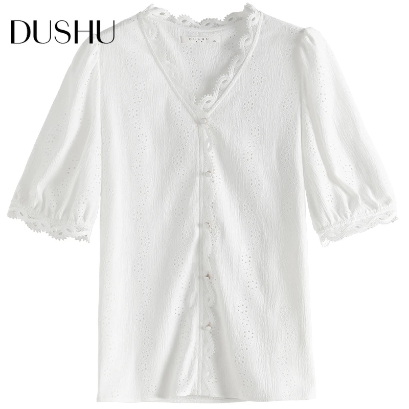 

DUSHU Plus size lace white blouse shirt Women sexy hollow out short sleeve summer top Female v neck elegant button up shirt 2021