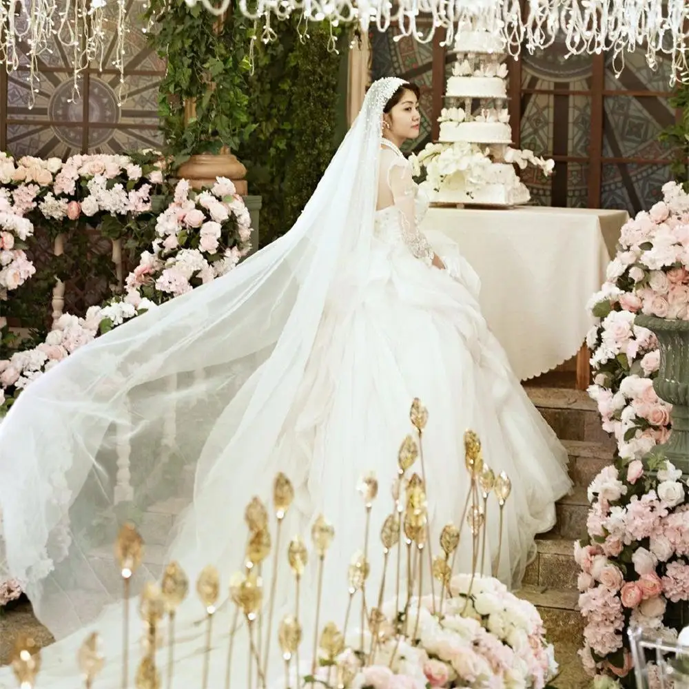 Фата свадебная Тюлевая Длинная с жемчугом элегантная белая невесты для
