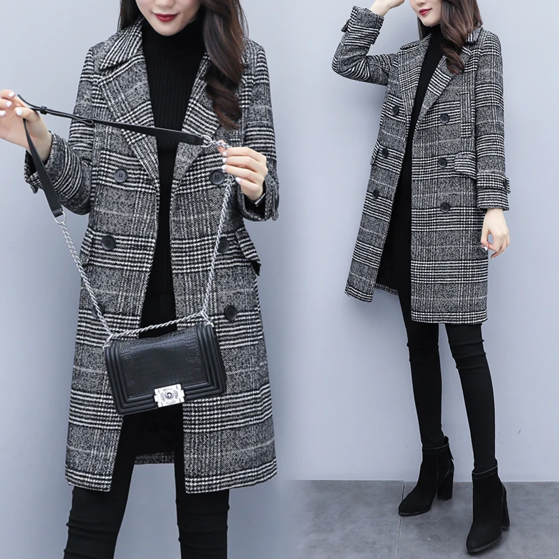 

Hodisytian Winter Women Wool Blends Plaid Trench Coat Female Elegant Ocio Outerwear Leisure Thick Cardigan Cashmere Overcoat