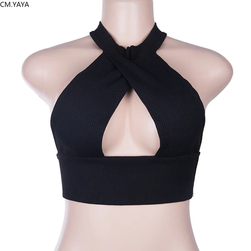 CM.YAYA women summer sexy cut out open back halter neck party club crop tops beach knitted camis | Женская одежда