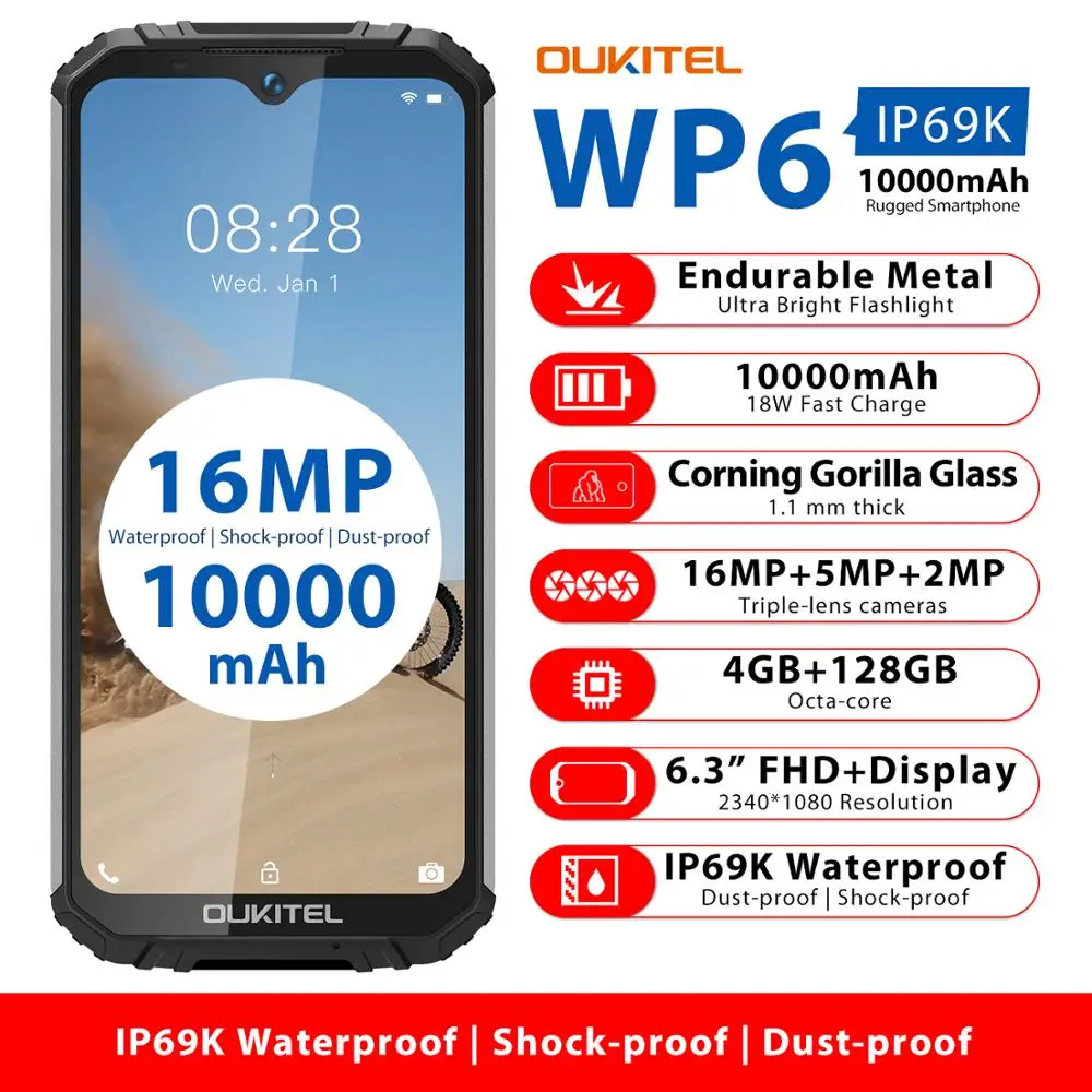 Смартфон OUKITEL WP6 с защитой Ip68 от воды и ударов, 10000mAh, восьмиядерный процессор, тройная камера 16МП, 4ГБ + 128ГБ памяти и поддержкой 4G.
