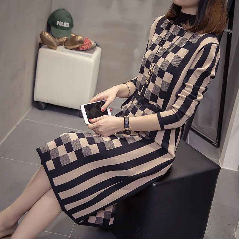 

4XL Plus Size Women Warm Knitted Dress Autumn Winter 2021 Geometric Patterns Long Sleeve Patchwork Striped Sweater Dresses