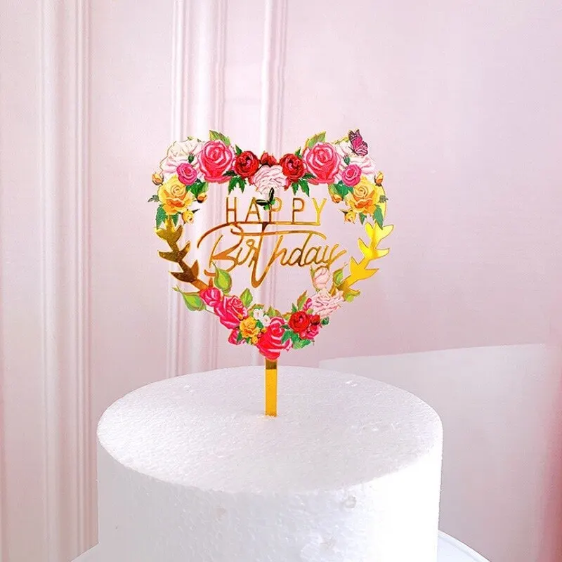 

Colorful Flowers Insert cards Wedding Cake Topper Gold Acrylic Card Happy Birthday Party Dessert Decoration Baking Supplies