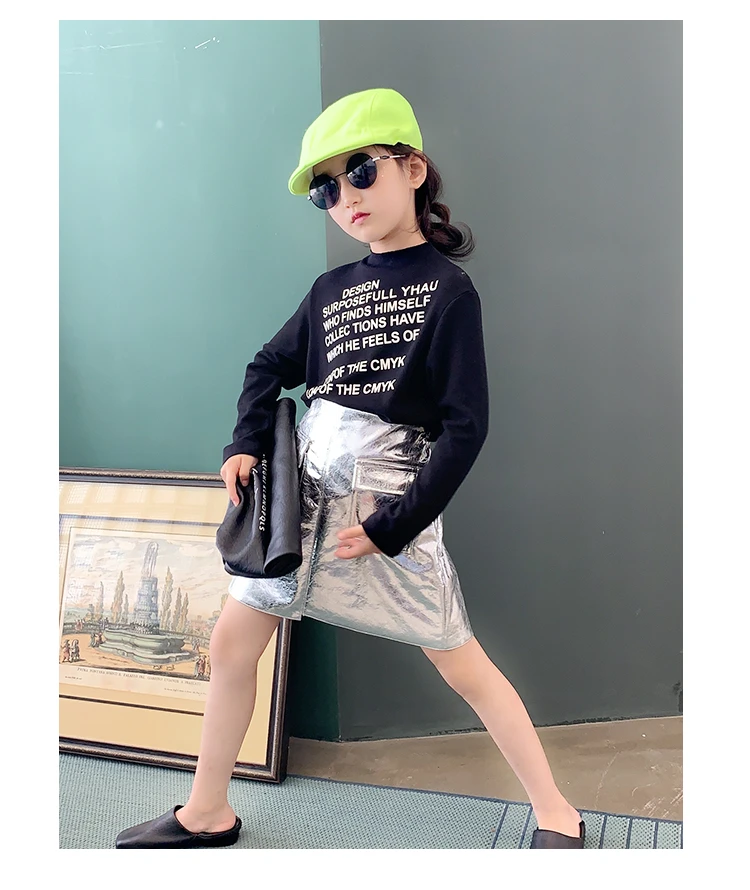 Girls skirt early autumn new bright face laser skirt was thin fashion foreign gas pocket A word skirt
