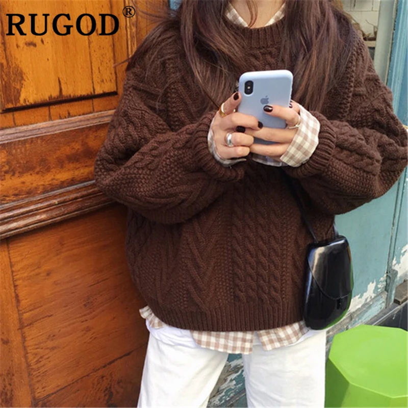 RUGOD Korean sweater women Elegant round collar twisted loose winter warm pullover female Casual solid knitted oversized | Женская