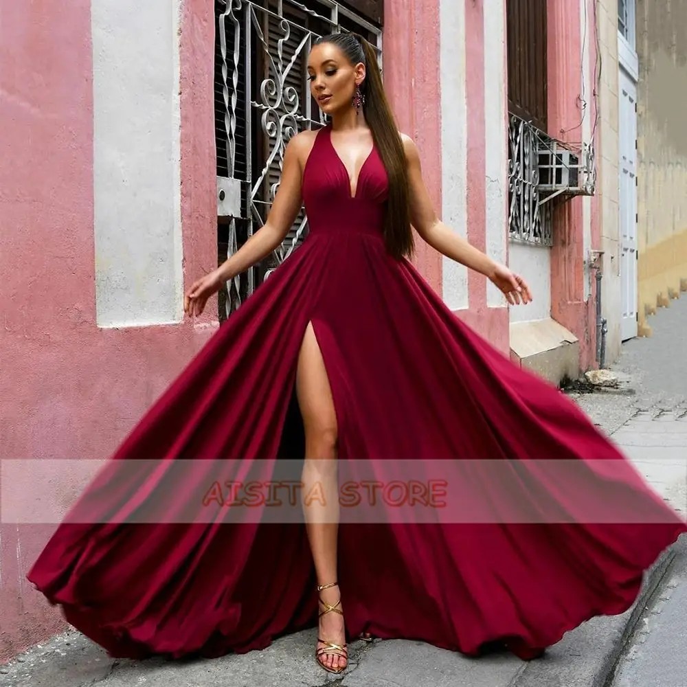 

Simple Floor-Length Prom Dresses Halter Silk Satin High Waist Sleeveless Formal Evening Party Gowns A Line Vestidos De Fiesta