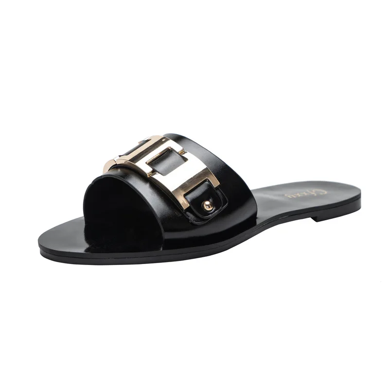 

Metallic square button casual flat flats for women's slippers PU solid-color mirrored casual flats for women's sandals