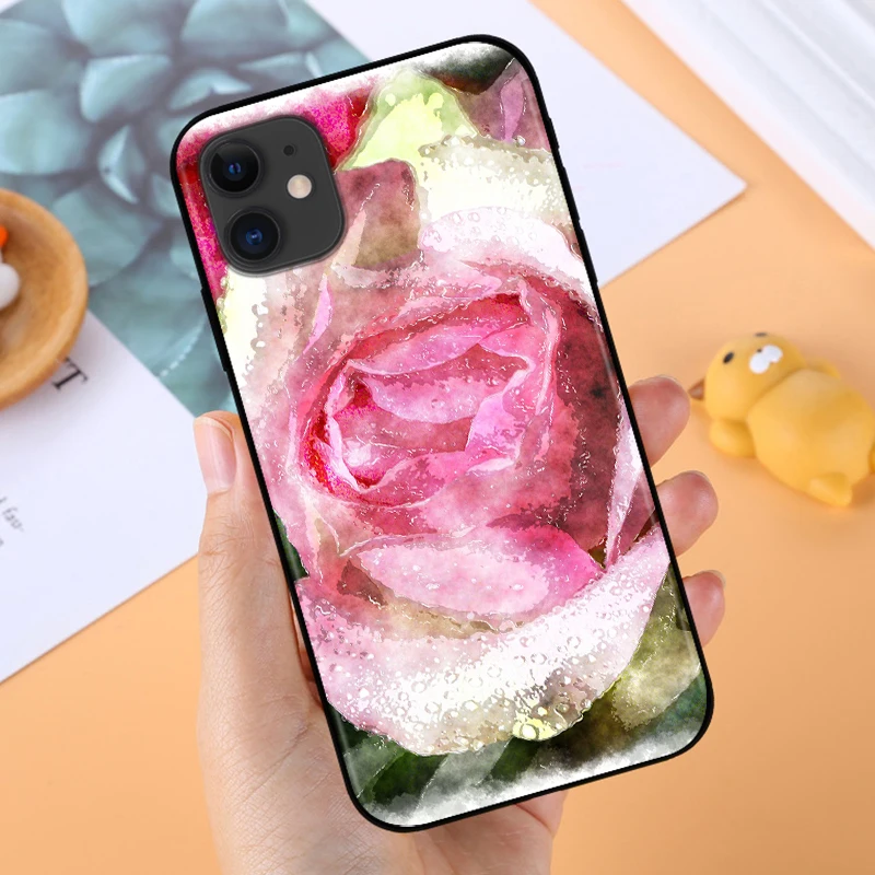 Black Cover Beauty Floral Rose for Apple iPhone 12 Mini 11 XS Pro Max X XR 8 7 6 6S Plus SE 2020 5 5S Phone Case