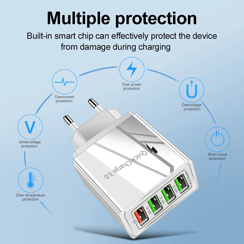 

4USB Multi-Port Charger European and American Standard Mobile Phone Charger QC3.0 Charger Travel Charger Fast Charge