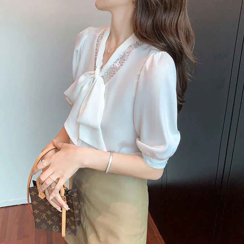 

2021 New Summer Women Blouses Casual Loose Half Sleeve Patchwork Lace Chiffon Shirts Fashion Elegant Office Lady Tops Clothing