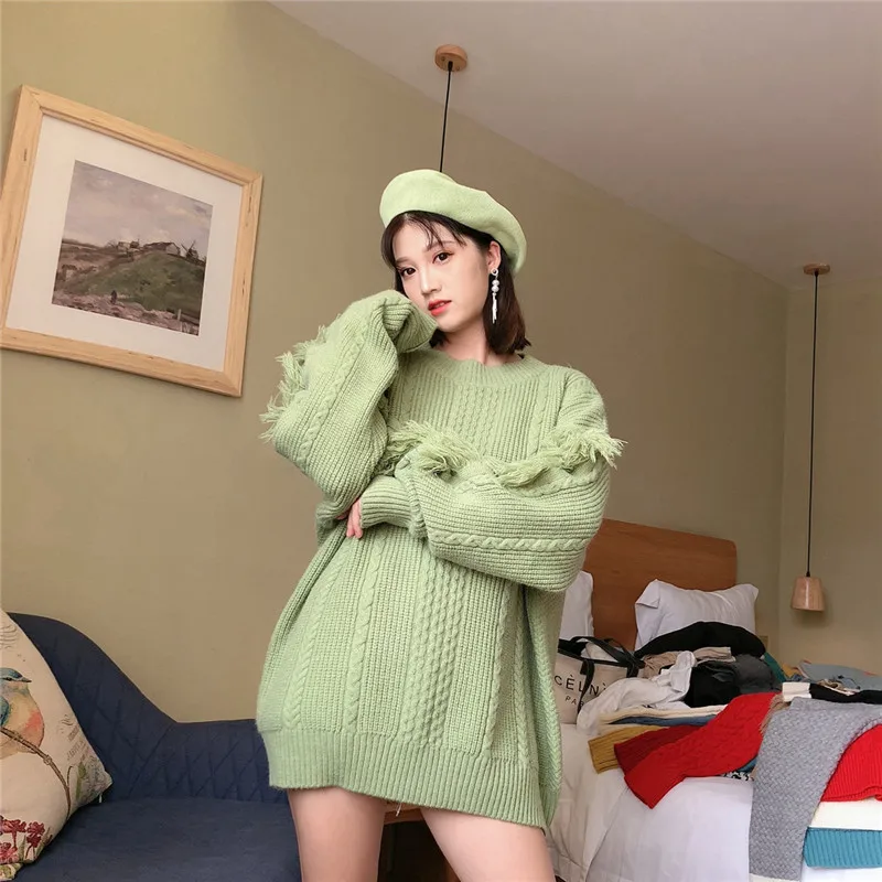 Женские вязаные свитера оверсайз с кисточками винтажные женские пуловеры
