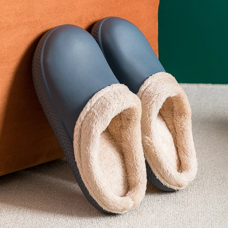

Winter Waterproof Cotton Home Slippers Fur Slides Warm Plush Slippers Women Indoor Thick-soled Couple Flat Heels Furry Shoes