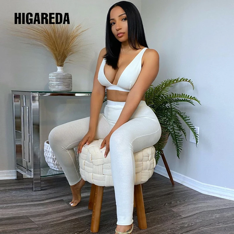 

2020 Sleeveless V-Neck Crop Tops Leggings 2 Pieces Set Summer Women Fashion Streetwear Outfits Sportswear Tracksuit