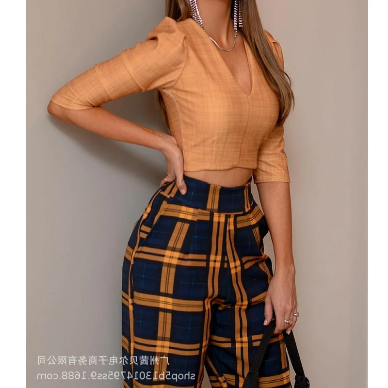 

Fashion Tow Piece Sets Casual Women V Veck Short Tops + High Waist Plaid Pencil Pants Elegant Women Sets 2021 New