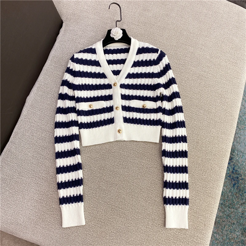 

2021 French Style Chic V-neck Contrast Color Striped Long Sleeve Gold Buckle Knitted Cardigan Spring Women Short Sweaters
