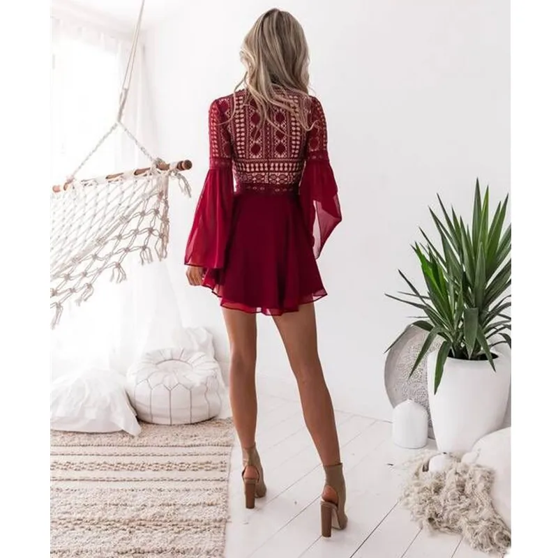 

Leosoxs Spring Autumn Fashion Sexy Deep V Neck Women's Mini Dress Casual Solid Lace Hollow Out Flared Sleeves Chiffon Lady Dress