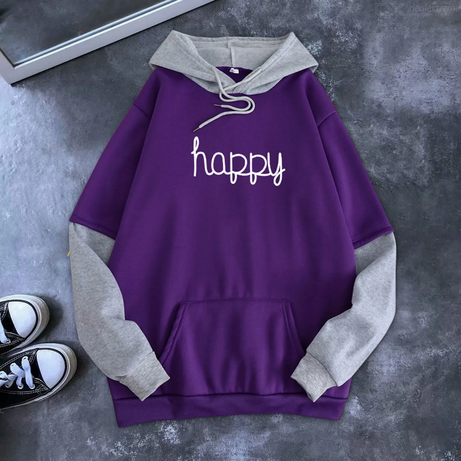 Korean Sweatshirt Women Autumn Hoodie Girl Autumn 90s Harajuku Velvet Stitching Loose Plus Size Pocket Hooded Sweatshirt