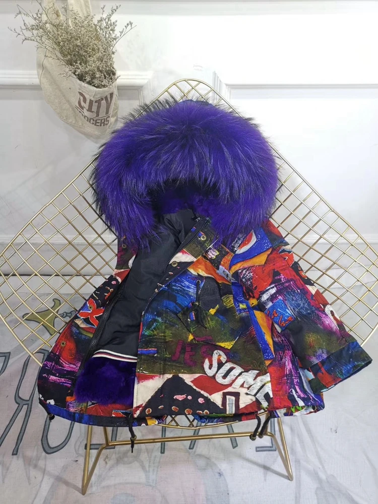 Children Winter Jacket Graffiti Boys Girls Real Fur Coat Thick Warm Rabbit Fur Kids Jacket Coat Furry Natural Fur Collar TZ428