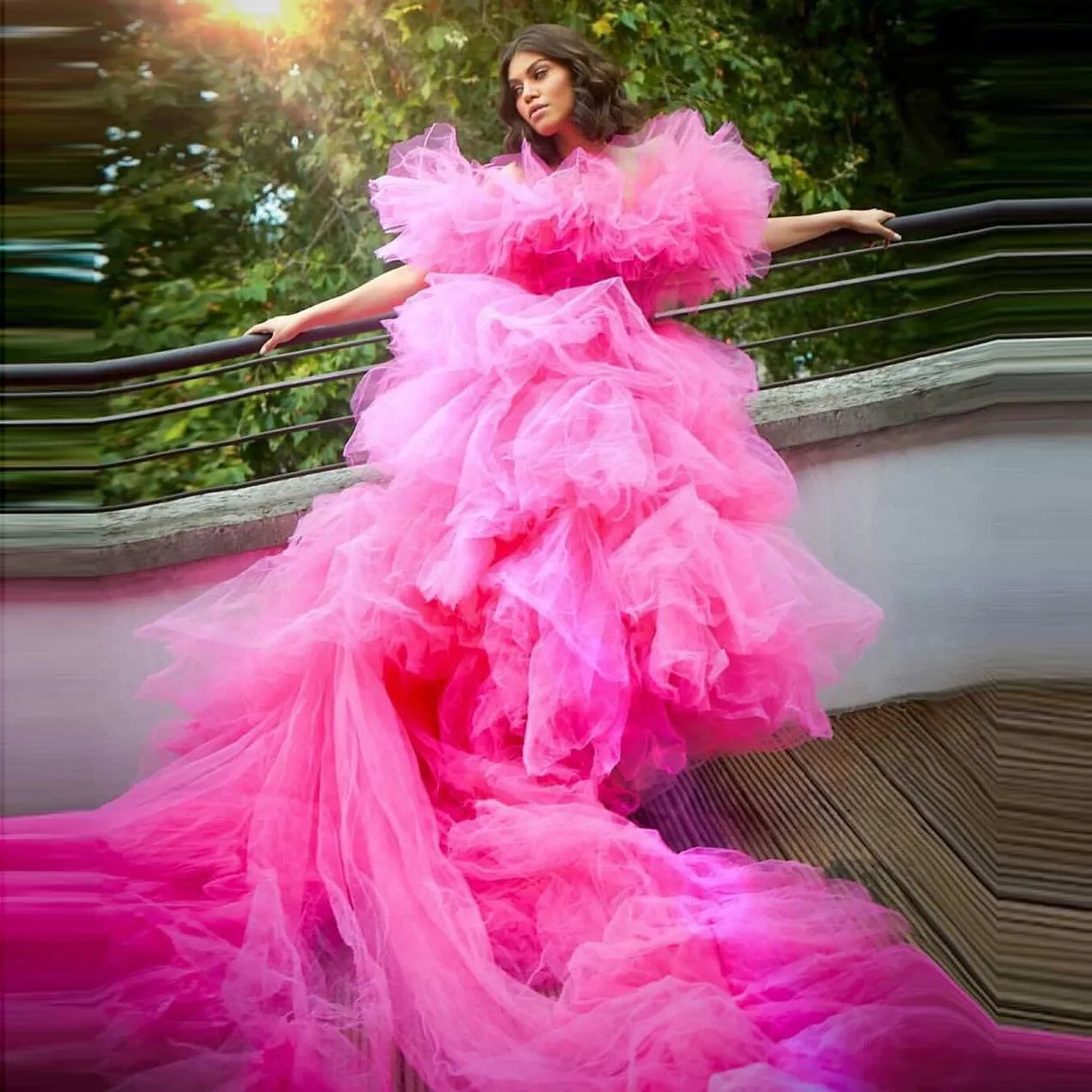 

Элегантное Изысканное женское платье цвета фуксии, Тюлевое многослойное вечернее платье с оборками для фотосъемки, индивидуальный пошив, п...