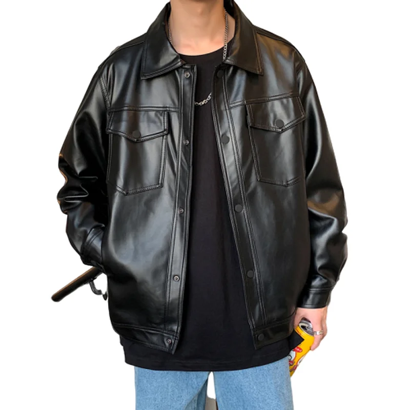 

2020 Spring New Loose Soft Leather Jacket Single Breasted Jacket Men Casual Biker Jacket Men Jacket Leather