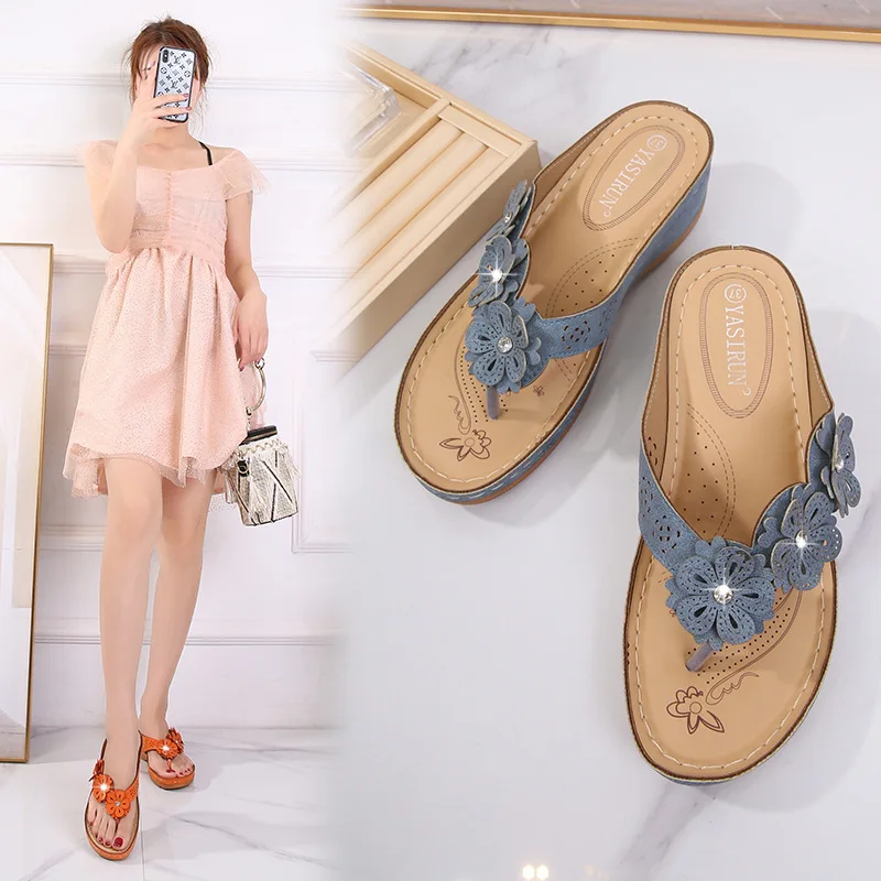 Summer New Women Shoes Pinch Slides Outer Wear Leisure Fashion Wedges Flower Solid Med 3cm-5cm Non-slip High Quality Large Size
