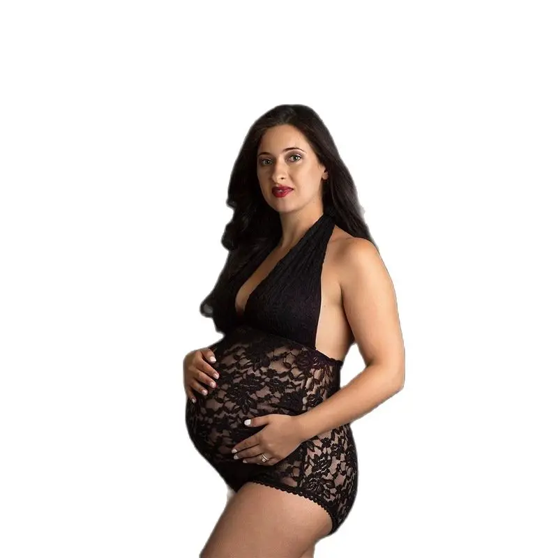 

Maternity Hanging Neck Rompers Tank Tops Clothes Pregnant Women Photo Shoot Sexy Lace Taking Photos Backless Pregnancy Jumpsuits