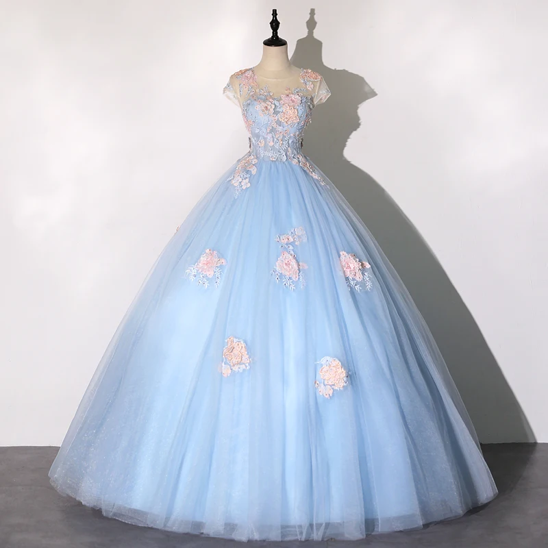 

Skyblue Тюлевое бальное платье, платья для Quinceanera, платье с глубоким вырезом, рукавами-крылышками и кружевной аппликацией, платье на шнуровке дл...