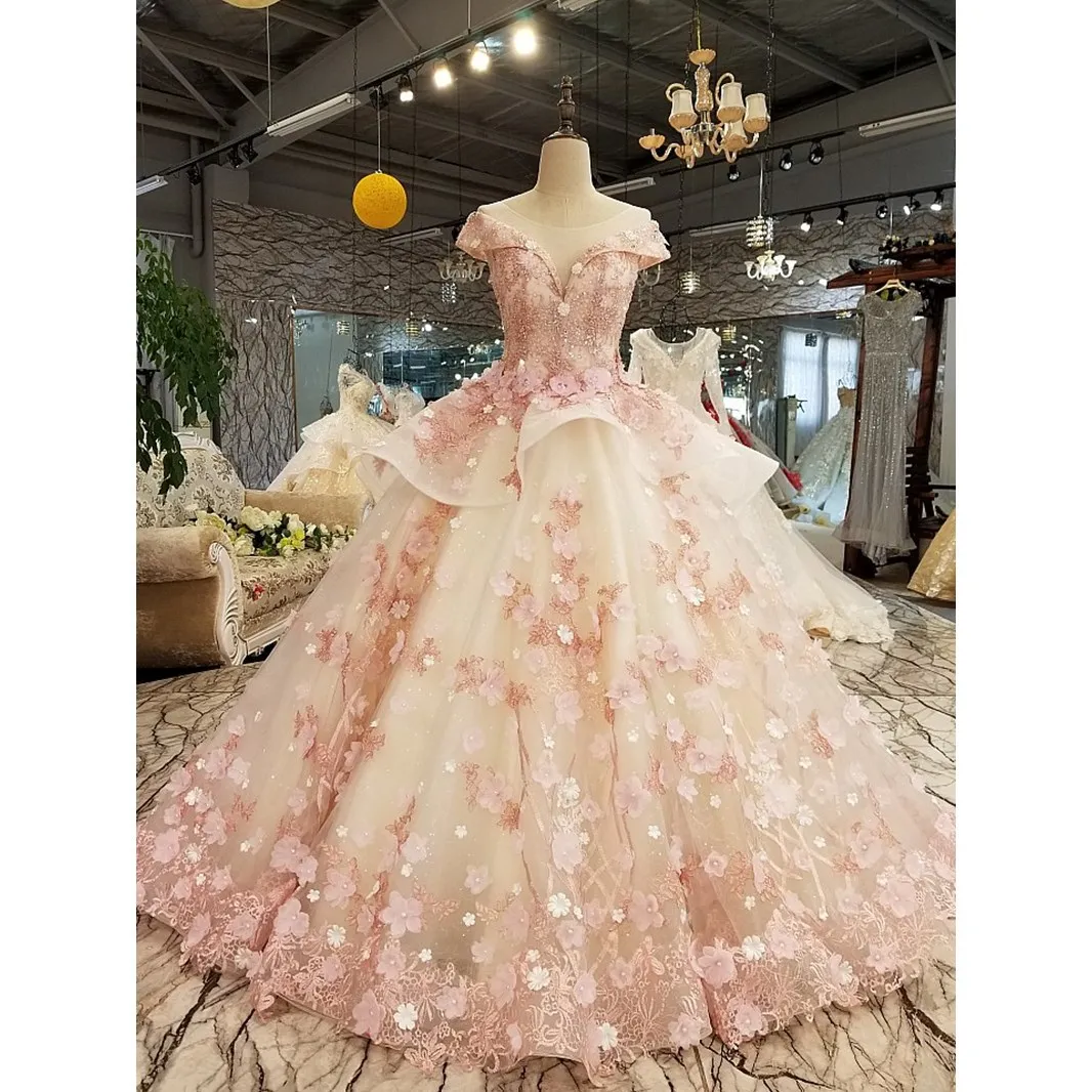 

Pink Quinceanera Dress 2021 Scoop Appliques Lace Flowers Prom Party Princess Sweet 16 Ball Gown Vestidos De 15 Años