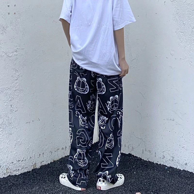 

6XL Plus Size 2021 Autumn New Women Fashion High Waist Cartoon Cats Print Loose Wide Leg Pants Stylish Chic Casual Trousers