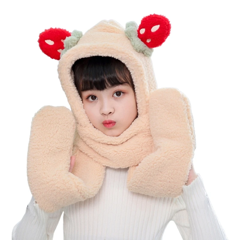 

Kids Winter Warm 3 In 1 Strawberry Ears Faux Fleece Hooded Scarf Hat Gloves Set