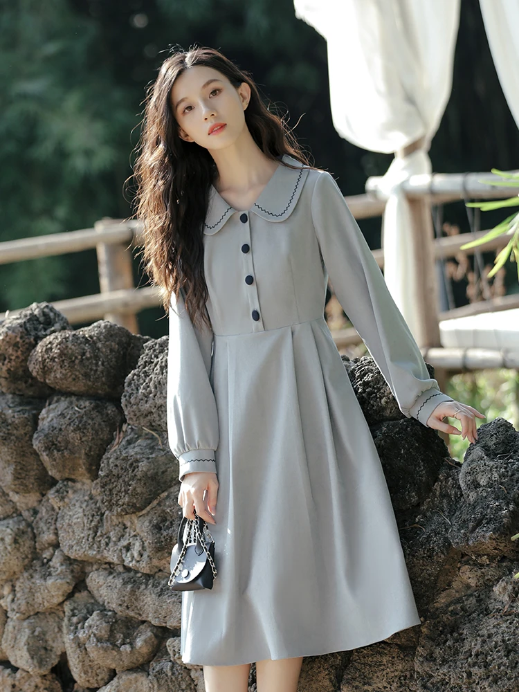 

Tea Break Dress French Retro Doll Collar High Waist Was Thin and Temperament Bottoming New Female Long Sleeve A-line Skirt
