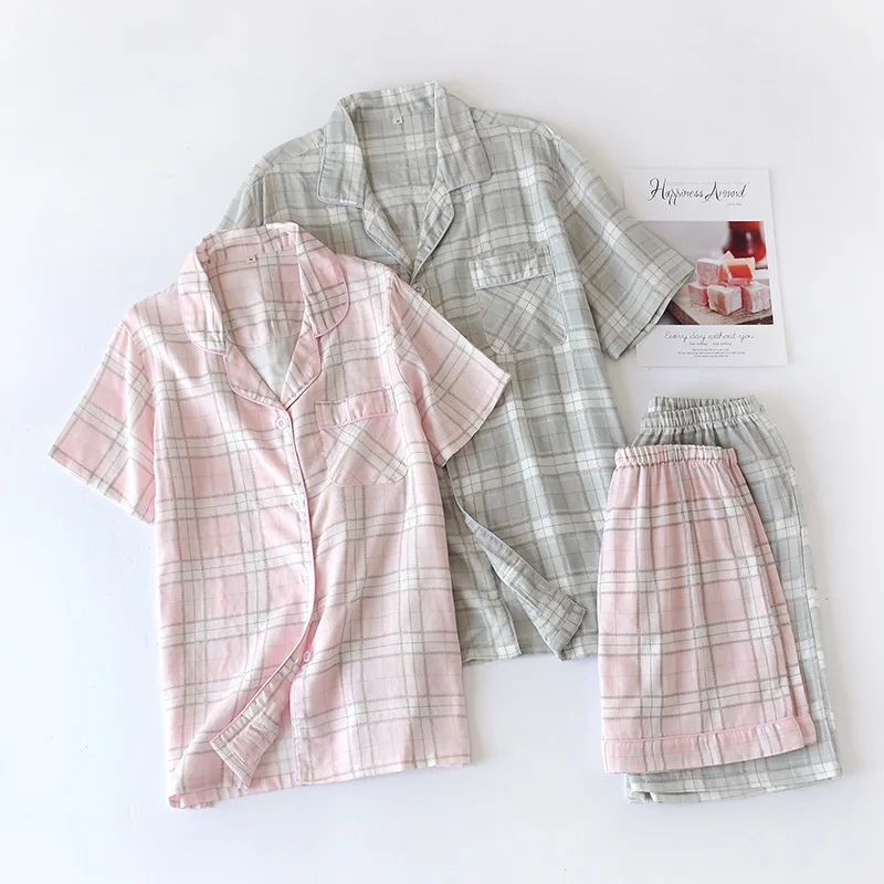 Summer Couple Pajamas Set Pure Cotton Gauze Simple Plaid Men/women Short Sleeved Sleepwear with Shorts Loose Comfy Home Wear