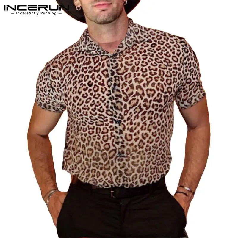 

2021 Fashion Men Shirt Leopard Print Lapel Streetwear See Through Short Sleeve Thin Shirts Summer Casual Camisas S-3XL INCERUN