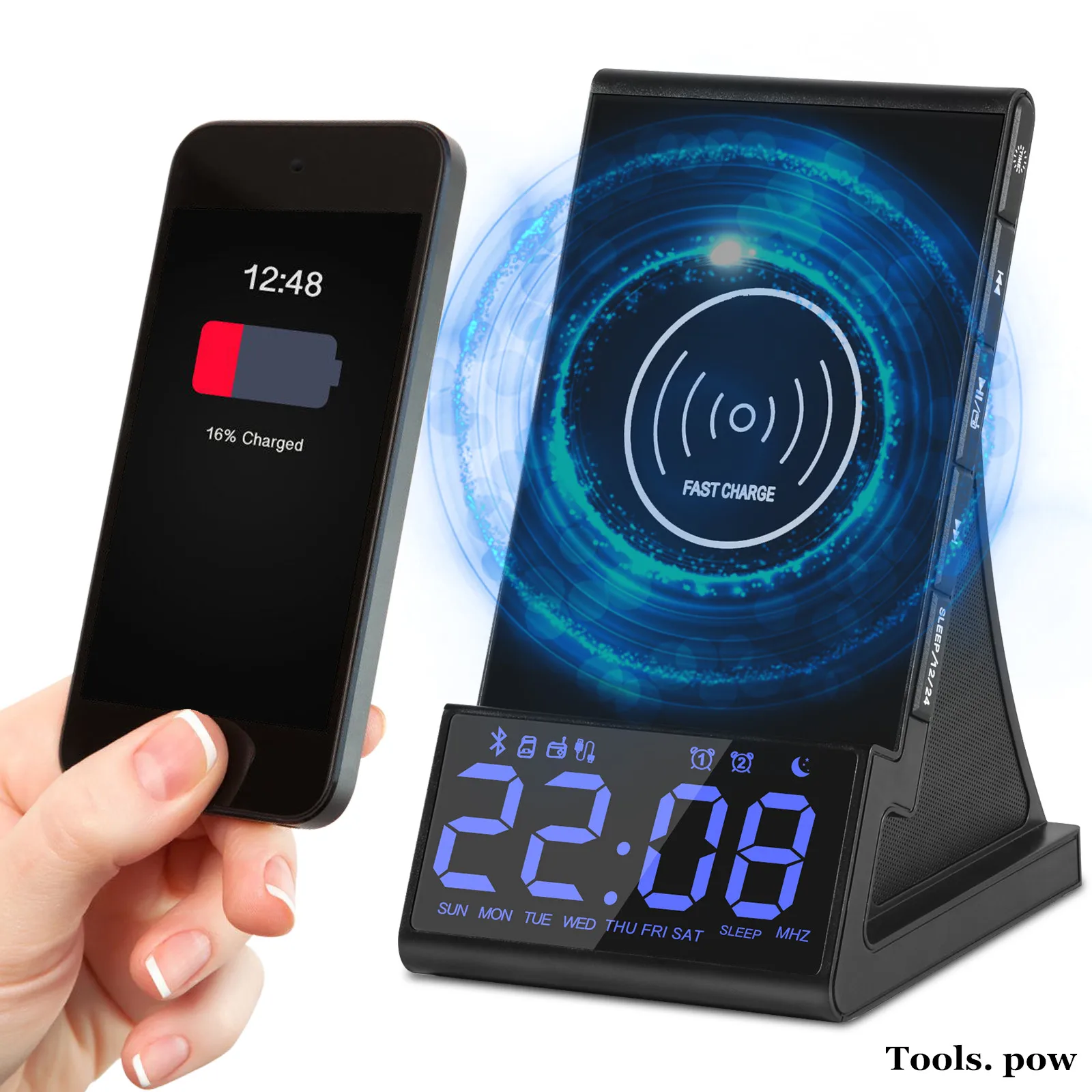 

4 In 1 Smart Alarm Clock, Bluetooth Speaker with FM Radio USB Wireless Charger Support TF Card Home Electric Clock for Bedroom