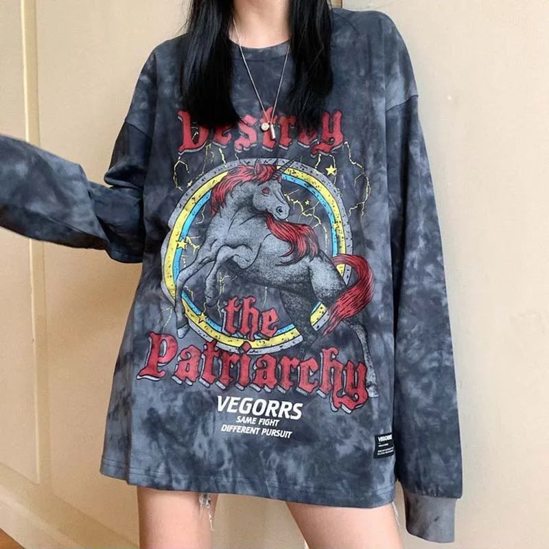 

women Tie-dye long-sleeved for fall/winter women's new student loose Harajuku style Western style all-match