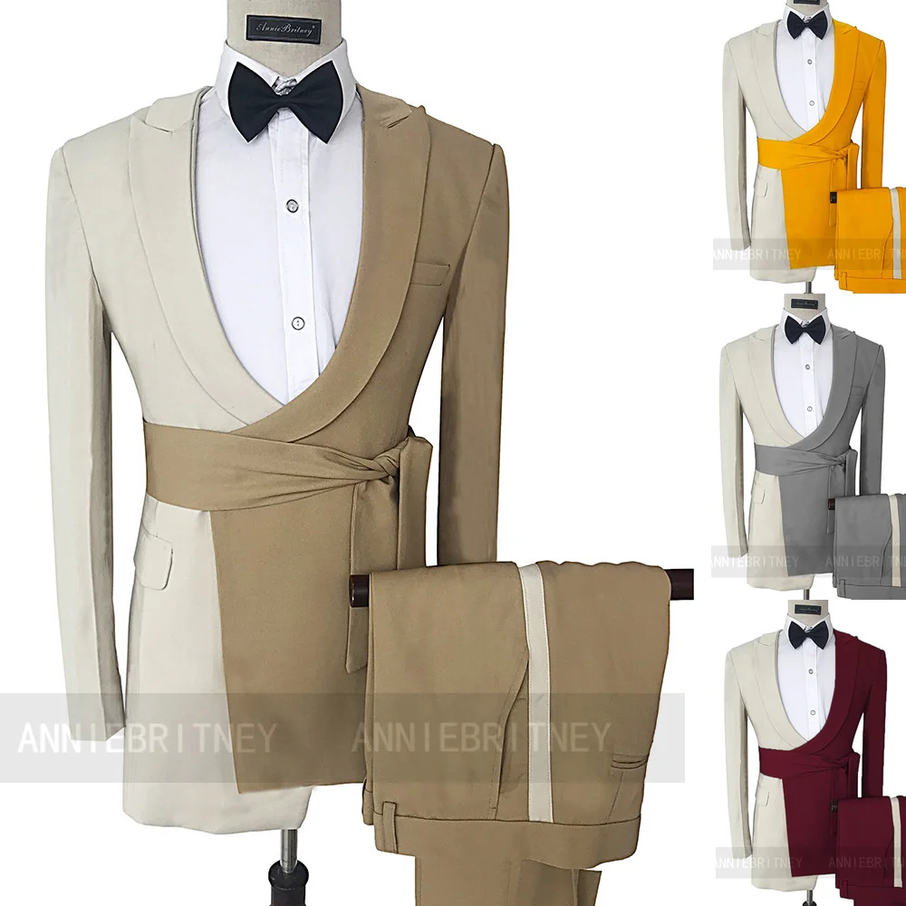 

Latest Formal Beige Camel Patchwork Belt Men Suit 2 Pieces Blazer Tailored Jacket Wedding Men Suit For Men Groom Tuxedo Pants