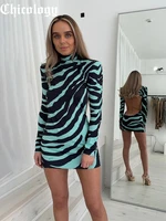 chicology 2021 autumn winter zebra print women long sleeve hollow out backless mini dress shoulder pads bodycon streetwear party