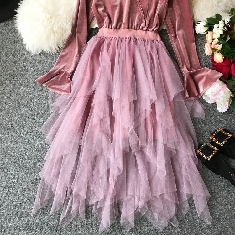 

Vintage Long Sleeve Women Midi Dress 2019 Autumn Winter Mesh Patchwork Dress Casual Blue/Pink/Black Designer Dress For Female