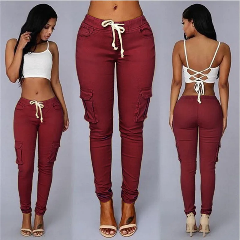 

Spring Autumn Women Pencil Pant Lace Up Waist Casual Women Pants Solid Multi-Pockets Plus Size 3XL Cargo Pants Slim Fit Trousers