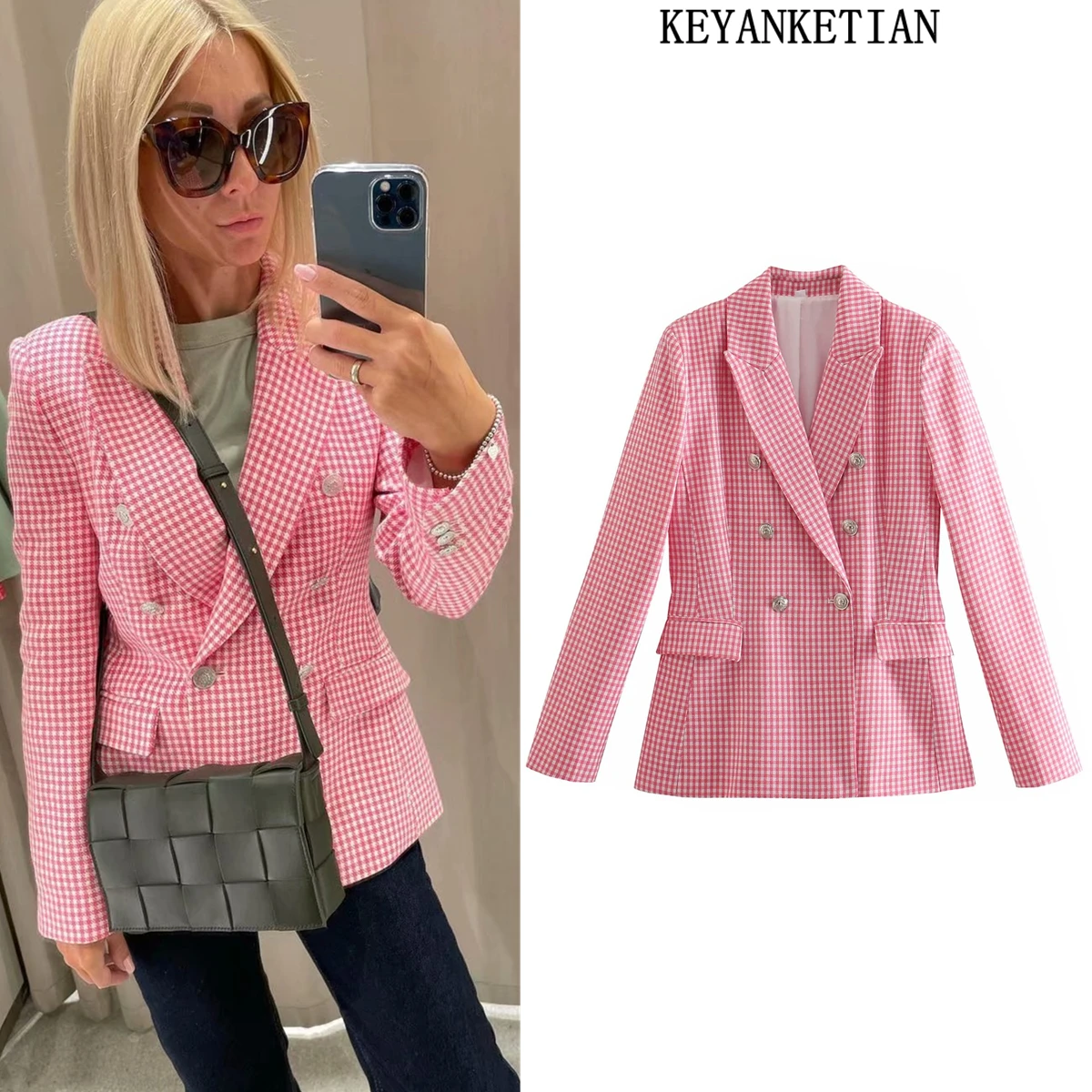 

KEYANKETIAN za Autumn new pink suit office lady jacket houndstooth slim casual suit double breasted green jacket female