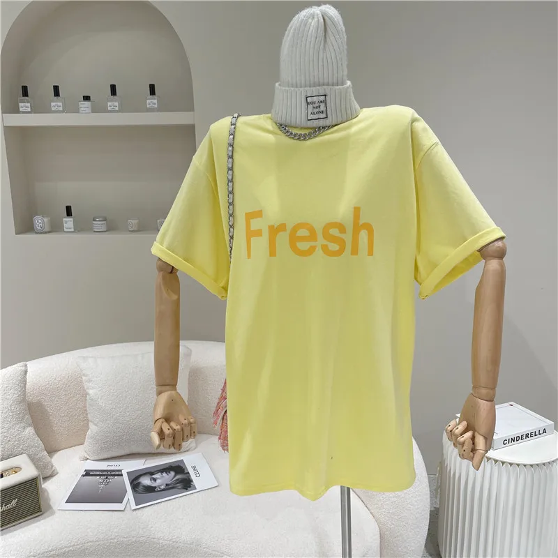 

Candy Color Letter Print Short-Sleeve T-shirt Female 2021 Spring/Summer New Simple Versatile Loose Crew Neck Tops Women Tshirt