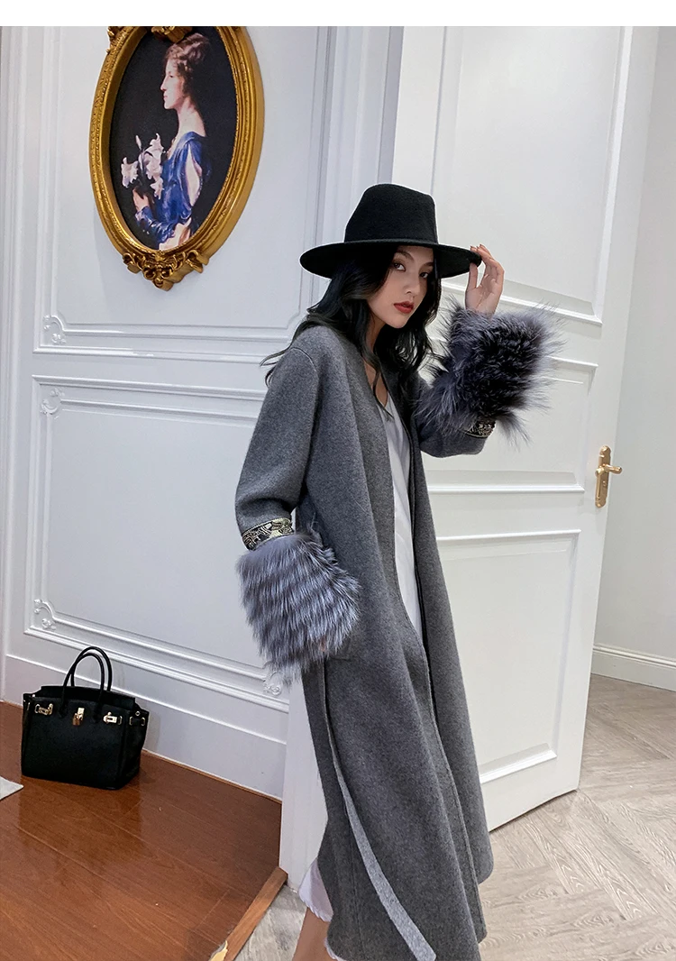 OFTBUY Повседневная модная Натуральная черно-бурая лиса меховые манжеты Верхняя одежда зимняя куртка Женский кашемировый пояс для вязания длинное пальто уличная