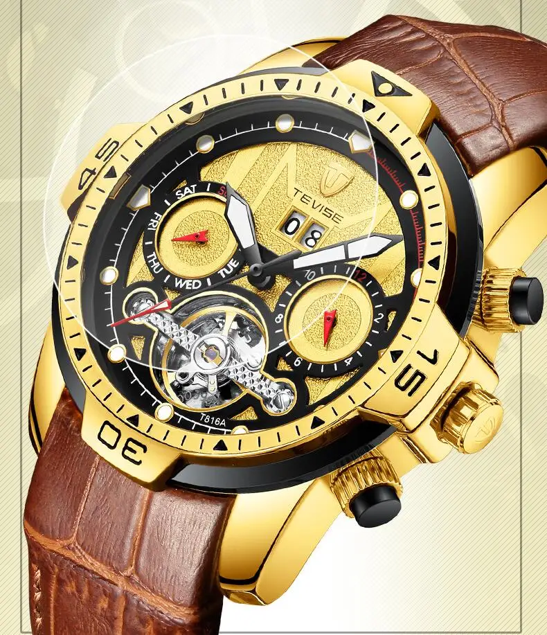 

TEVISE Vintage Tourbillon Fashion Casual Men Mechanical Watch Brown Leather Strap Skeleton Mens Watches Top Brand Luxury Clock