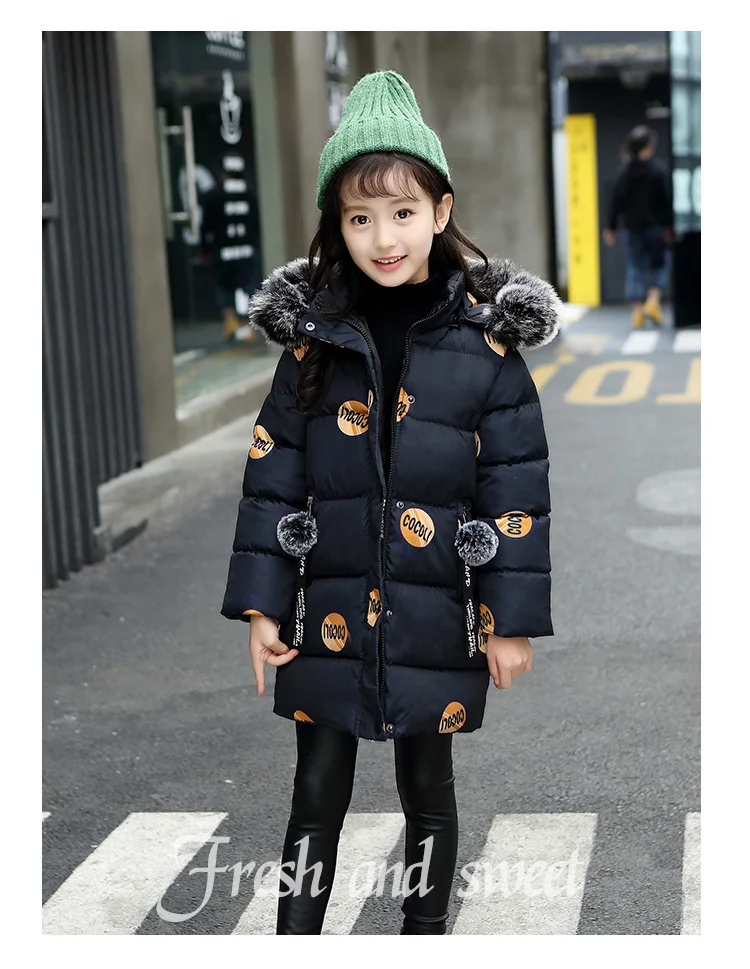 Baby winter new girl down jacket children letter printing thick warm cotton coat girl baby big fur collarcotton hoodedlong coat
